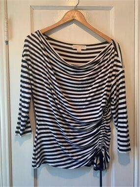 Michael Kors Black and White Striped Ruched Side Boatneck Top Size M